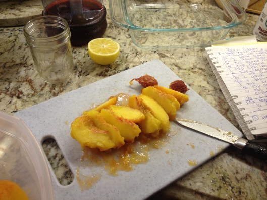 Slicing the peaches after they've been peeled (instructions called for thin slices, everyone advised to do thicker slices which is what I went with).